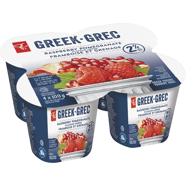 President's Choice Raspberry Pomegranate Flavour Fruit on the Bottom 2% M.F. Greek Yogurt