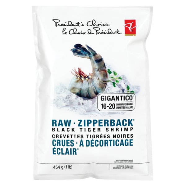 President's Choice 16-20 Count Gigantico Raw Zipperback Black Tiger Shrimp