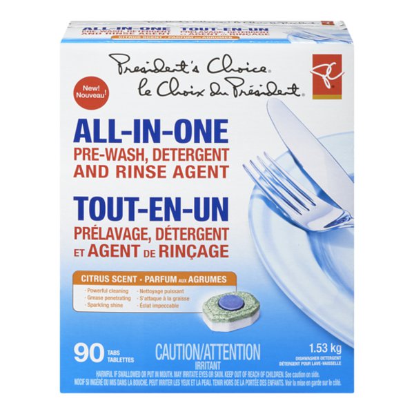 Presidents Choice All-In-One Pre-Wash Detergent & Rinse Agent Citrus Scent Auto Dishwasher Tablets