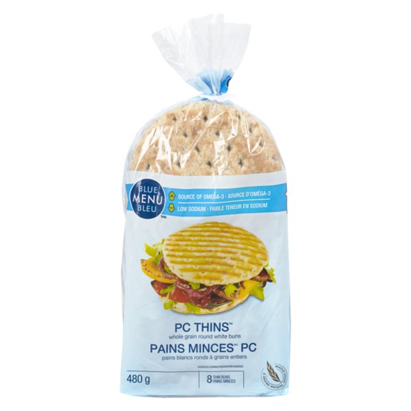 Presidents Choice Blue Menu White Round Whole Grain Thins Bun