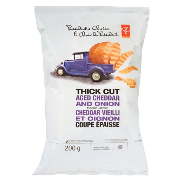 President's Choice Thick Cut Aged Cheddar & Onion Flavour Rippled Potato Chips