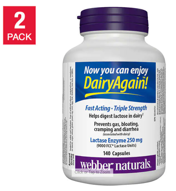Webber Naturals Lactase Enzyme Dairy Digestion Supplement (2 pack)