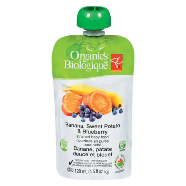 Presidents Choice Organics Banana & Sweet Potato & Blueberry Strained Baby Food