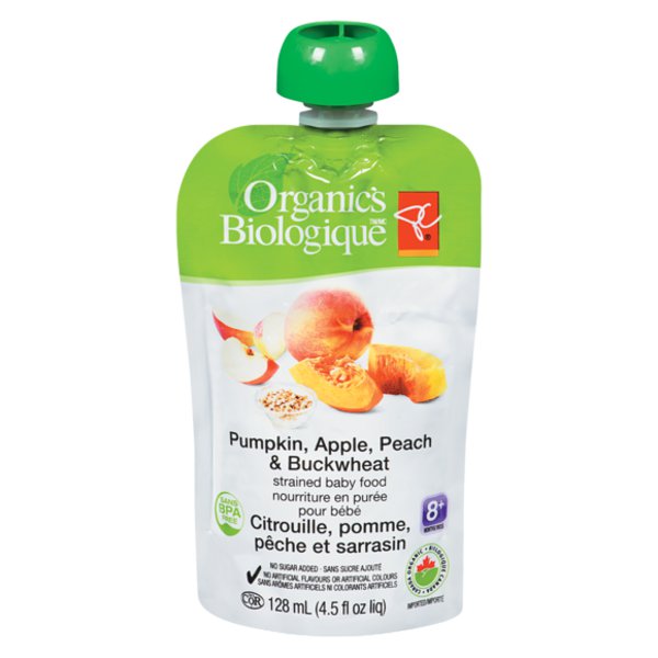 Presidents Choice Organics Pumpkin Apple Peach & Buckwheat Strained Baby Food
