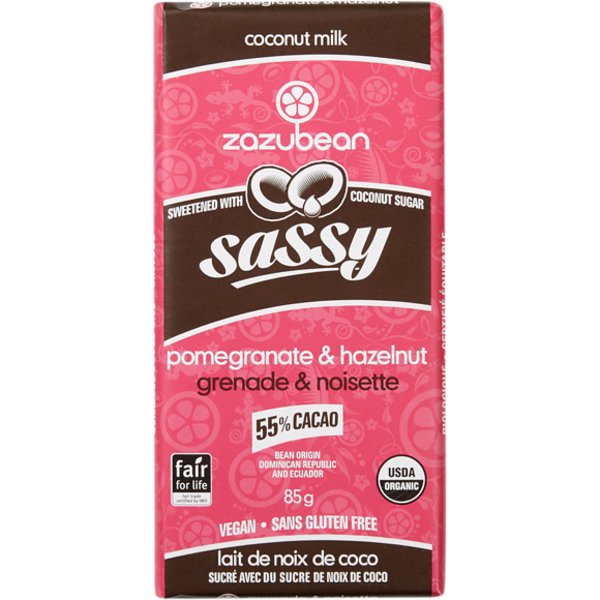 Zazubean Organic Gluten Free Coconut Sugar Pomegranate & Hazelnut Sassy Chocolate Bar