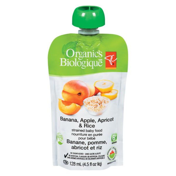 Presidents Choice Organics Banana, Apple, Apricot & Rice Strained Baby Food in Pouch Presidents Choice