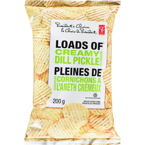 President's Choice Loads of Creamy Dill Pickle Flavour Rippled Potato Chips