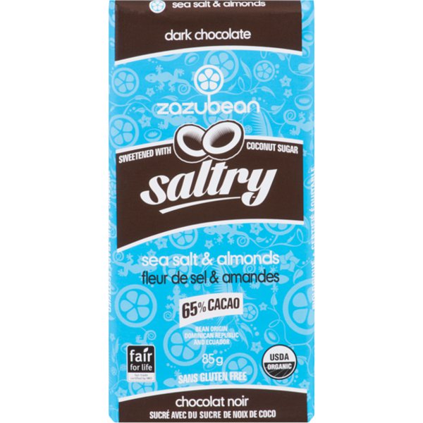 Zazubean Organic Gluten Free Saltry Sea Salt & Almonds Dark Chocolate Bar