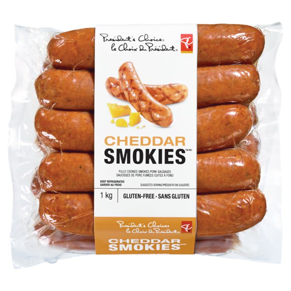 Presidents Choice Cheddar Smokies Fully Cooked Smoked Pork Sausages